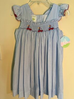 Zuccini Kids Blue Gingham Dress With Smocked Sailboat design. Size 5